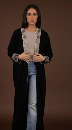   Black with beige embroidery and printed sleeves