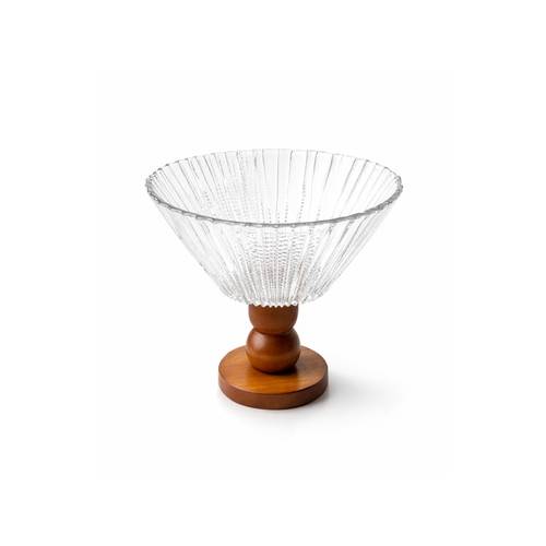 Glass Serving Stand with Wooden Base - Brown