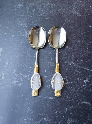 Set of large servings spoons with agate