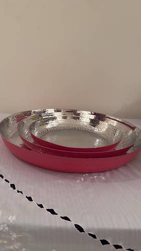 Large round platter aluminum and painted pink 55 cm