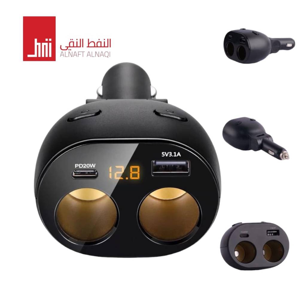 شاحن سيارة بمنفذين ولاعة ومنفذ تايب سي ويو اس بي