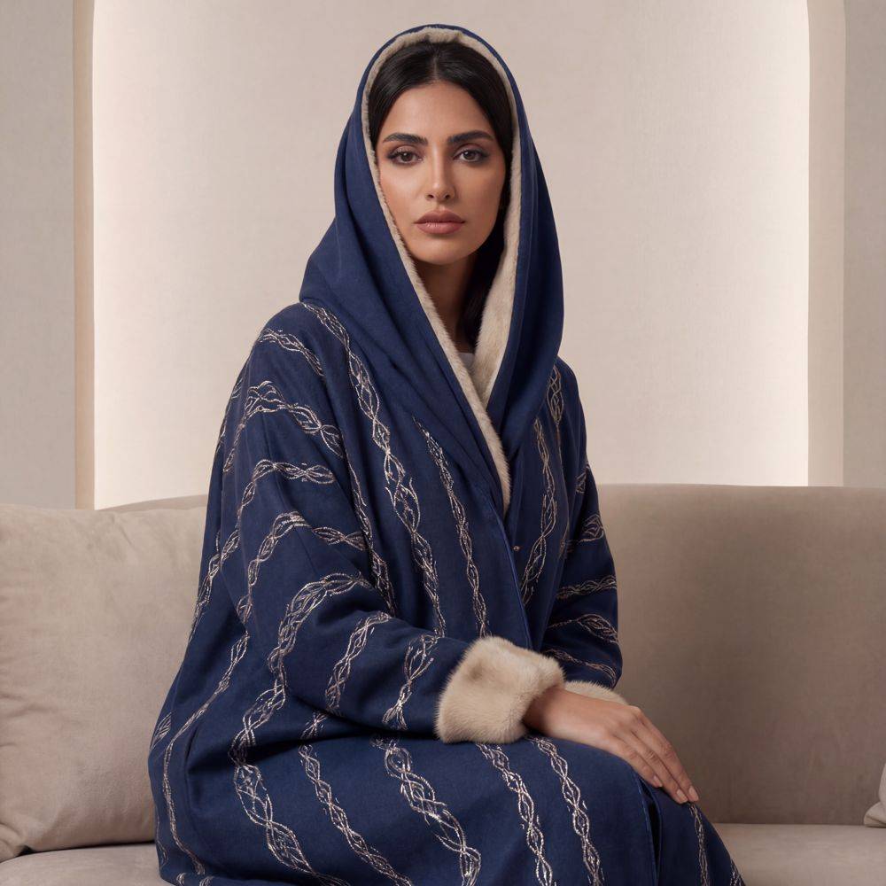 عباية شتويه مطرزه مع فرو و طرحه فرو 