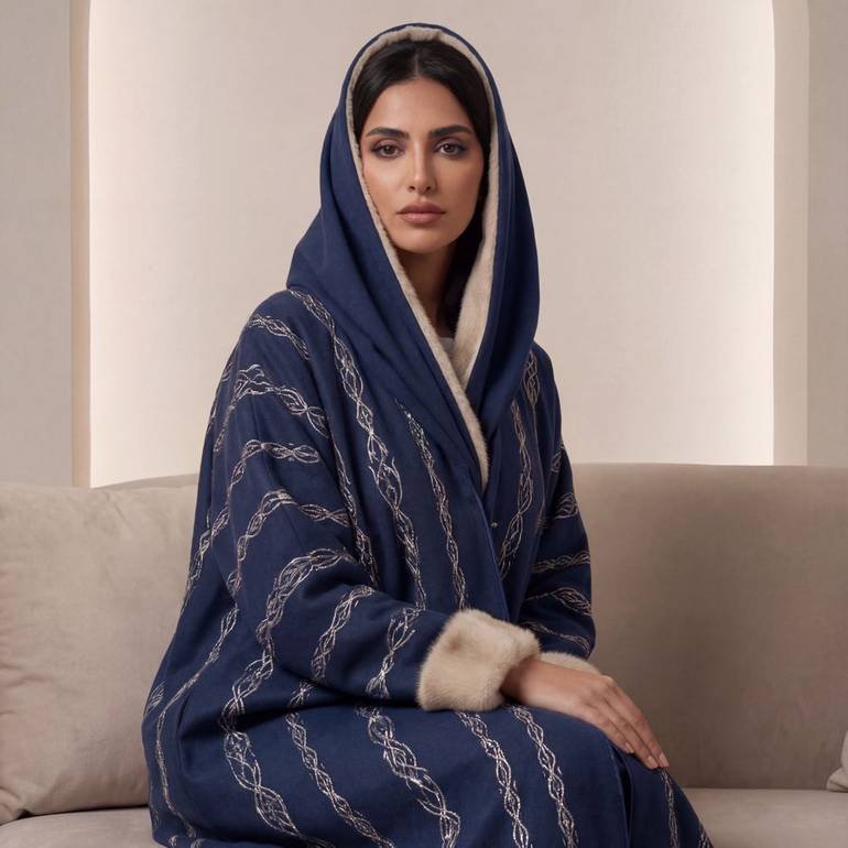 عباية شتويه مطرزه مع فرو و طرحه فرو 