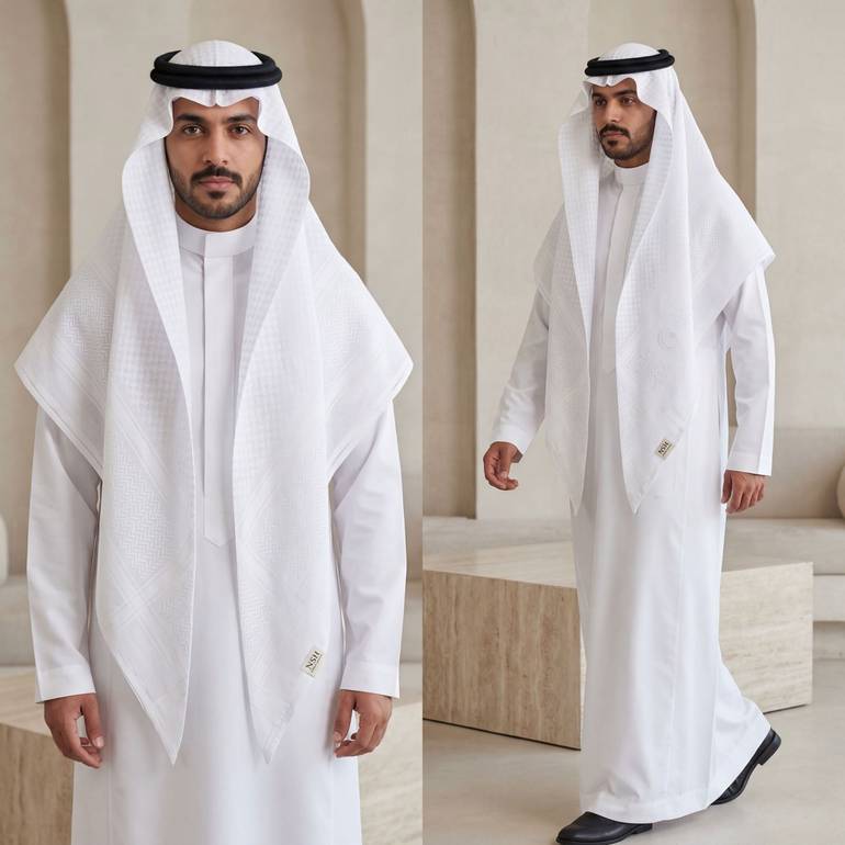 شماغ ابيضّ مع غترة مطرزه يلبس على الوجهين