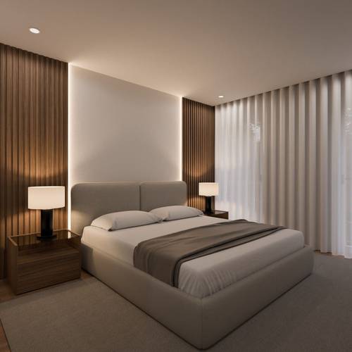 A 200cm x 200cm bed, Chao model, made of Swedish wood, upholstered in light beige velvet fabric. Mattress, pillows, and bed accessories not included.