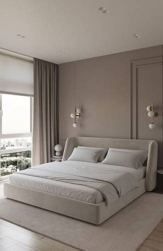 A 200cm x 200cm Smith model bed, made of Swedish wood and upholstered in off-white velvet fabric. Mattress, pillows, and bed accessories are not included.