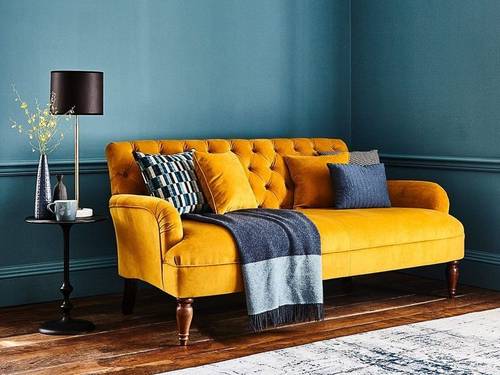 Triple sofa, size 220 cm, soft model - yellow color - Swedish wood - velvet fabric (without cushions)