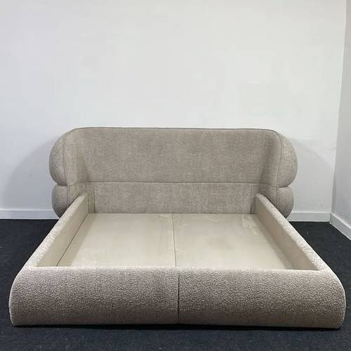 A 200cm x 200cm Velvet model bed, made of Swedish wood and upholstered in dark beige boucle fabric. Mattress, pillows, and bed accessories are not included.