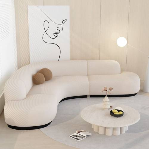 L-shaped seating, length 300 cm, width 200 cm, height 85 cm, Venice model, Swedish wood, bouclé fabric, sugar color, does not contain pillows and sofa accessories.