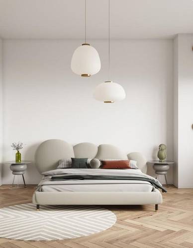 New Bed model, 200cm x 200cm, Swedish wood, light beige/gray velvet fabric, without mattress, pillows, or bed accessories.