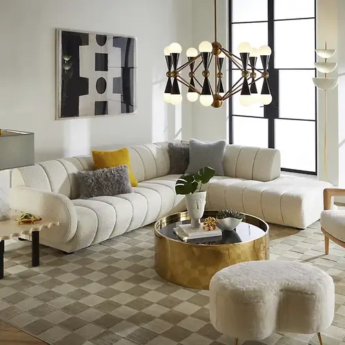 L-shaped seating, length 300 cm, width 200 cm, height 85 cm, Cabo model, Swedish wood, bouclé fabric, sugar color, does not contain pillows and sofa accessories.