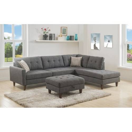 Corner sofa, 300 cm * 200 cm, gray tulle model + pouf, size 80 cm - linen fabric and Swedish wood (without cushion)