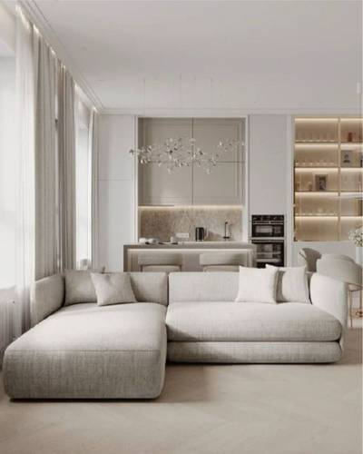 L-shaped seating area, length 300 cm, width 200 cm, height 85 cm, Siemens model, Swedish wood, Chenille fabric, beige color, does not contain pillows and sofa accessories.