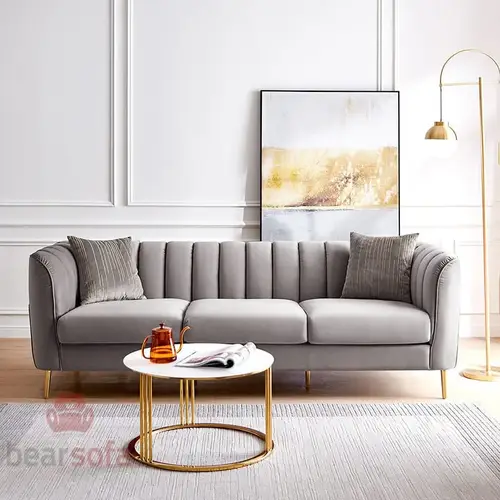 Triple sofa, size 220 cm, West model - light gray color - Swedish wood - velvet fabric (without cushions)