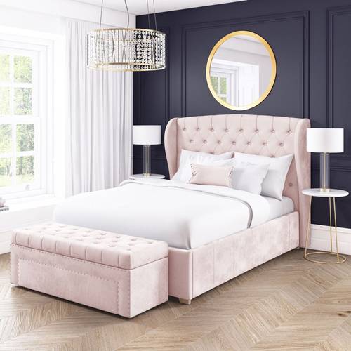 سرير مزدوج خشب تايلندي تنجيد مخمل موديل فراشة مقاس 180سم لون زهري بدون مرتبة و ملحقات السرير