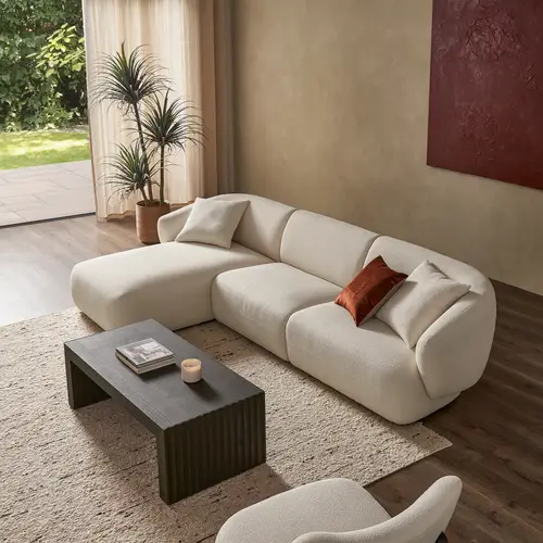 L-shaped seating, length 300 cm, width 200 cm, height 85 cm, Al-Reem model, Swedish wood, bouclé fabric, sugar color, does not contain pillows and sofa accessories.