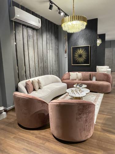 Tiger model sofa set - 2 triple sofas, size 220 cm + 2 chairs, size 80 cm - Swedish wood - pink velvet fabric + light beige (without cushions)