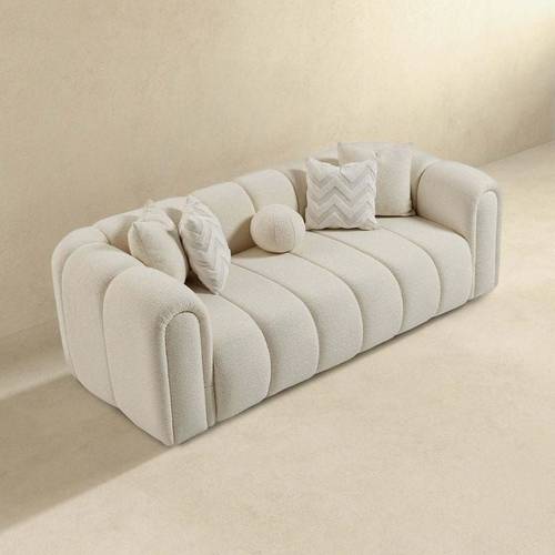 كنبة طول 220سم عرض 90 سم ارتفاع 85 سم موديل روبوت خشب سويدي قماش بوكليه اللون سكري لا تحوي على وسائد و اكسسوارات الكنب