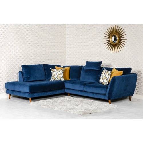 Corner sofa, Selena model, size 300 cm * 200 cm - Swedish wood - velvet fabric, navy blue color, without cushion