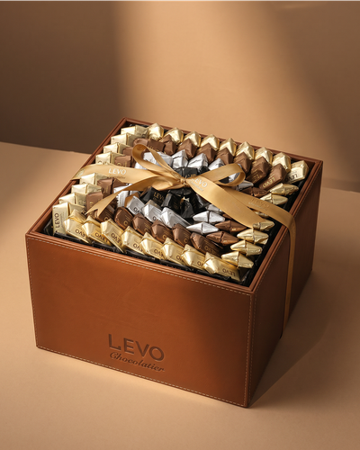 Square brown leather wrapped chocolate basket