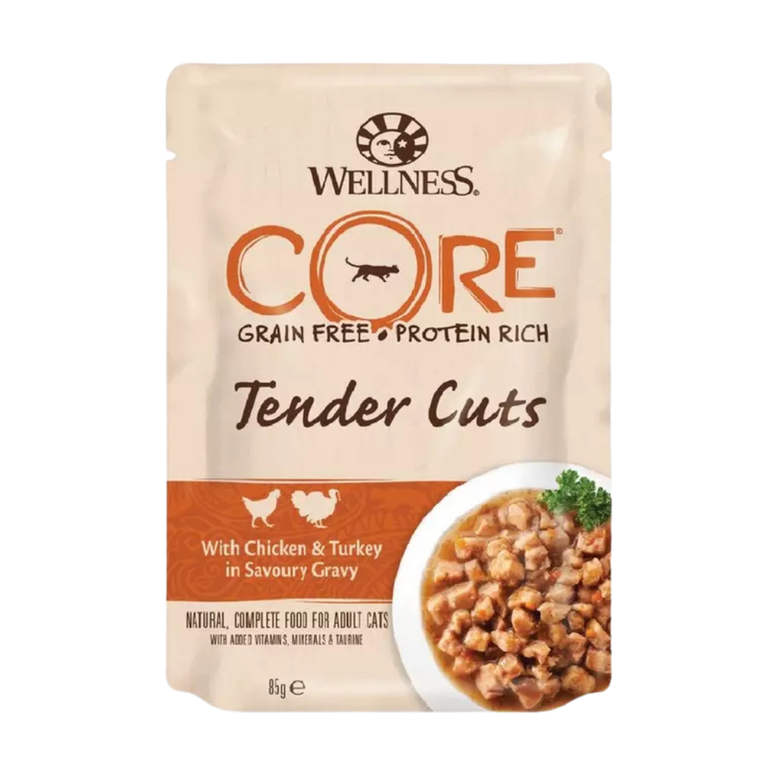 Wellness Core Tender Cuts Pouches Chicken & Turkey in Gravy for Cats 85g - Box (24 Pieces)
