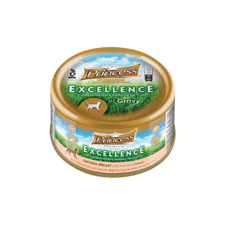 Princess Premium Excellence Cans Of Chicken Breast with Rice & Turkey In Gravy Wet Food For Cats, 70g - Piece