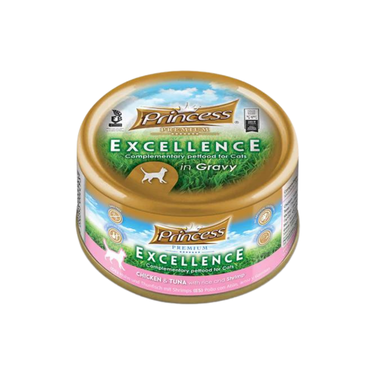 Princess Premium Excellence Cans Of Chicken and Tuna with Rice & Shrimp In Gravy Wet Food For Cats, 70g - Piece