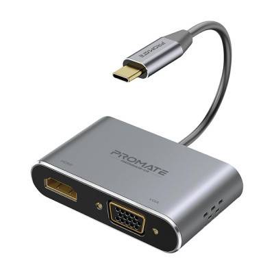 محول شاشة USB-C عالي الوضوح  يدعم الفيديو HDMI بدقة 4K مع دعم VGA بدقة 1080 بكسل وسهولة التوصيل والتشغيل من بروميت - Promate MediaHub-C2