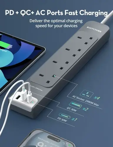 توصيلة راف باور 4 منافذ طاقة ومنفذين USB ومنفذ PD بطول 3 متر