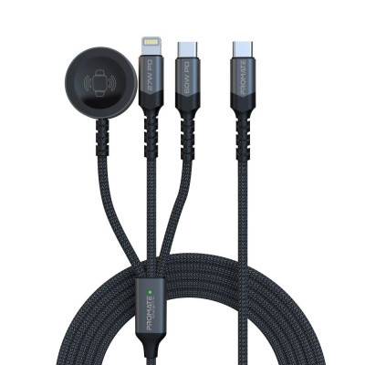 كابل متعدد الوصلات 5 في 1، يتميز بتوصيل طاقة بقدرة 60 واط لموصل USB-C فائق السرعة، شاحن لساعة أبل بقدرة 2.5 واط وشاحن أيفون بتقنية لايتينينغ بقوة 27 واط بالإضافة إلى طول كيبل 1.5 متر . Promate iCharge-Trio