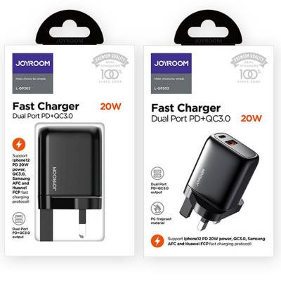 جيروم شاحن حائط 20w بمنفذين بخاصية الشحن السريع JOYROOM L-QP203 ، ضمان سنتين الكود الذهبي