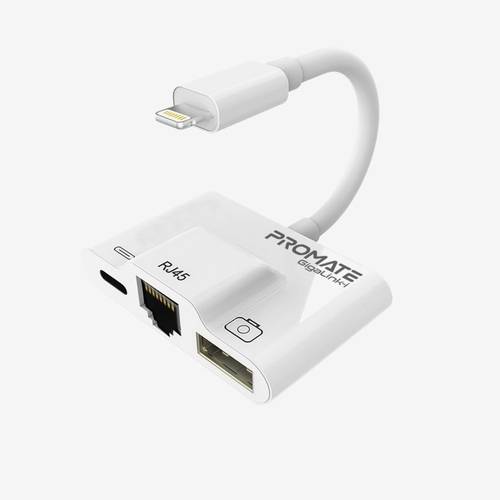 محول OTG Lightning لايتينيغ 3 في 1 عالي السرعة من بروميت، يتضمن منفذ USB 3.0، محول إيثرنت RJ45 سلكي، محول كاميرا USB OTG، ومحول شحن مع مزامنة بيانات بقدرة 2 أمبير