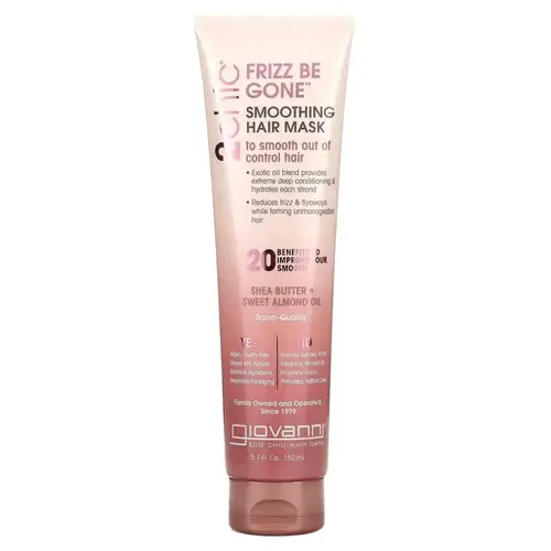 جيوفاني‏, 2chic، قناع شعر Frizz Be Gone الملطف، لإضفاء نعومة على الشعر الذي يصعب التحكم فيه، بزبدة الشيا وزيت اللوز الحلو، 5.1 أونصة سائلة (150 مل)