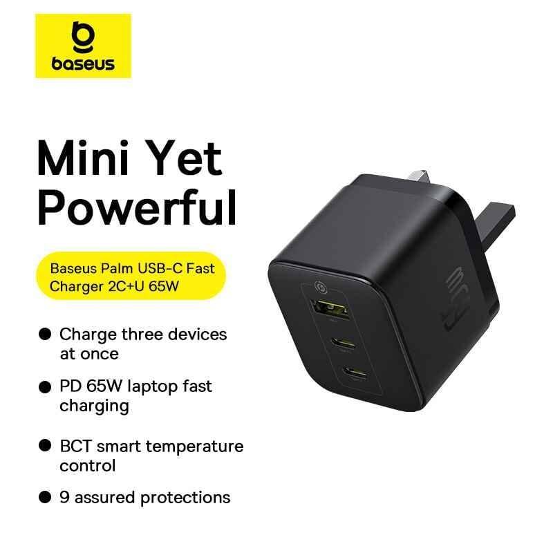 شاحن جداري سريع مع كابل بقوة 65 واط لون اسود من بيسوس Baseus Palm Fast Charger 2C-U 65W Uk Cluster Black With Cable