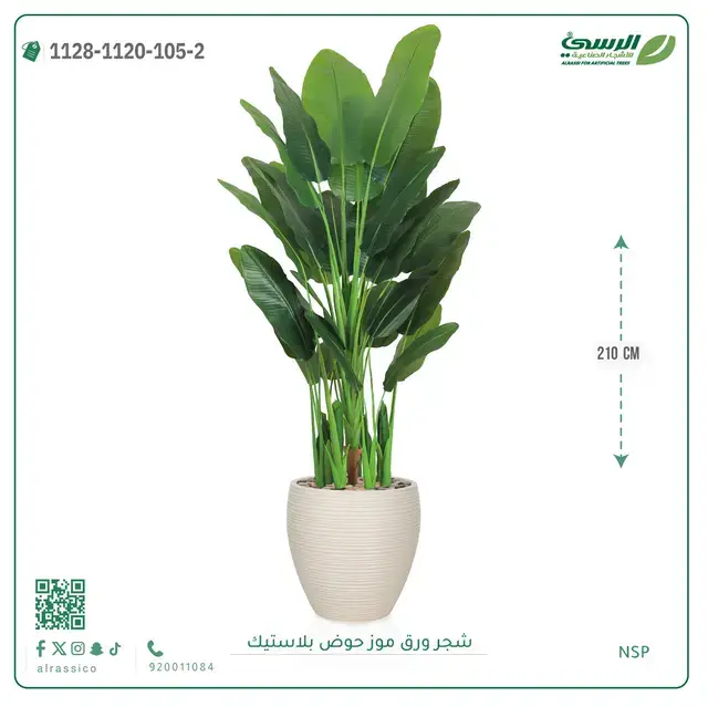  شجرة ورق موز صناعية ( ارتفاع 210 سم ) حوض بلاستيك 