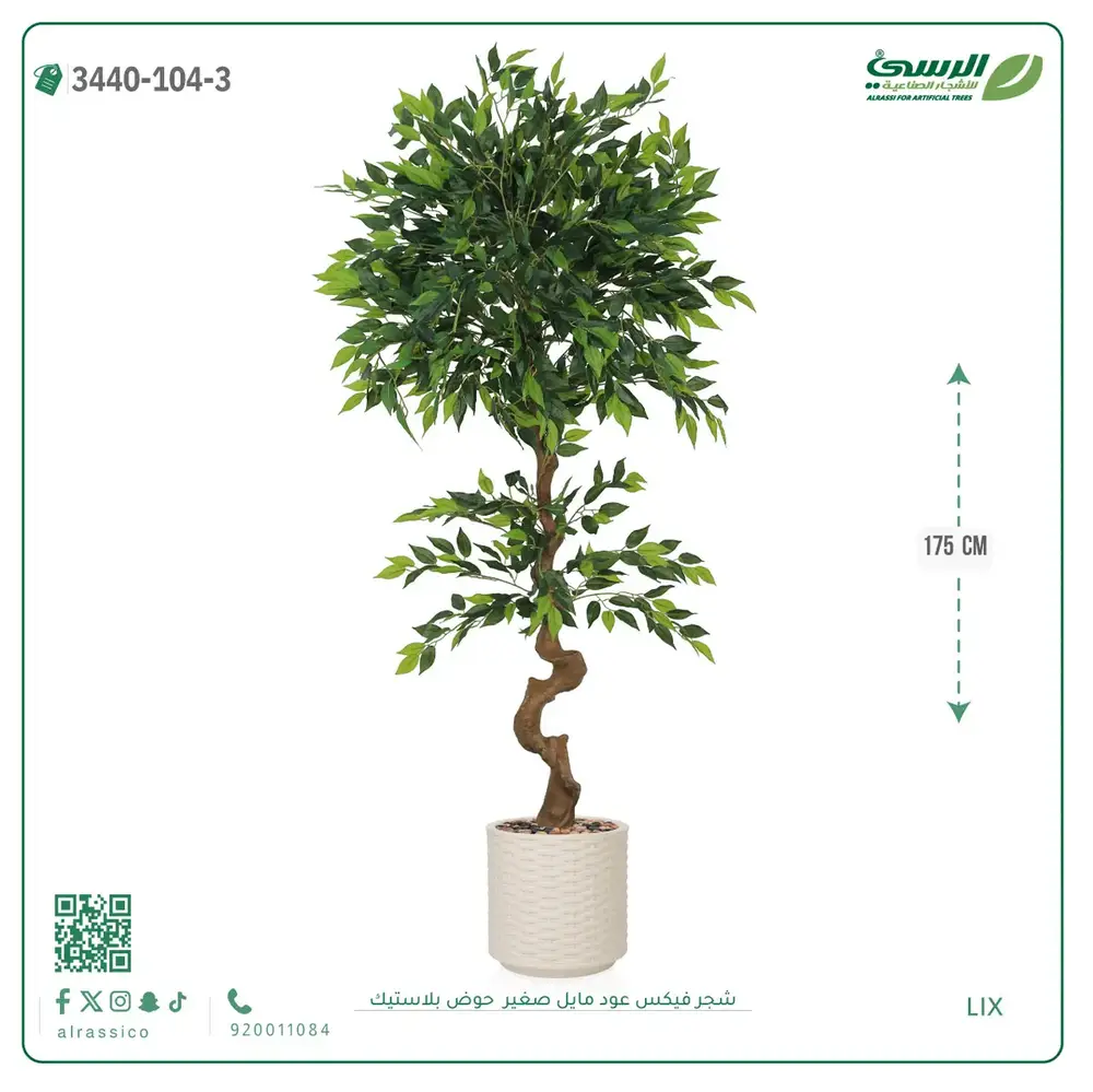  شجرة فيكس عود مائل صغيرة صناعية (ارتفاع 175 سم) حوض بلاستيك 