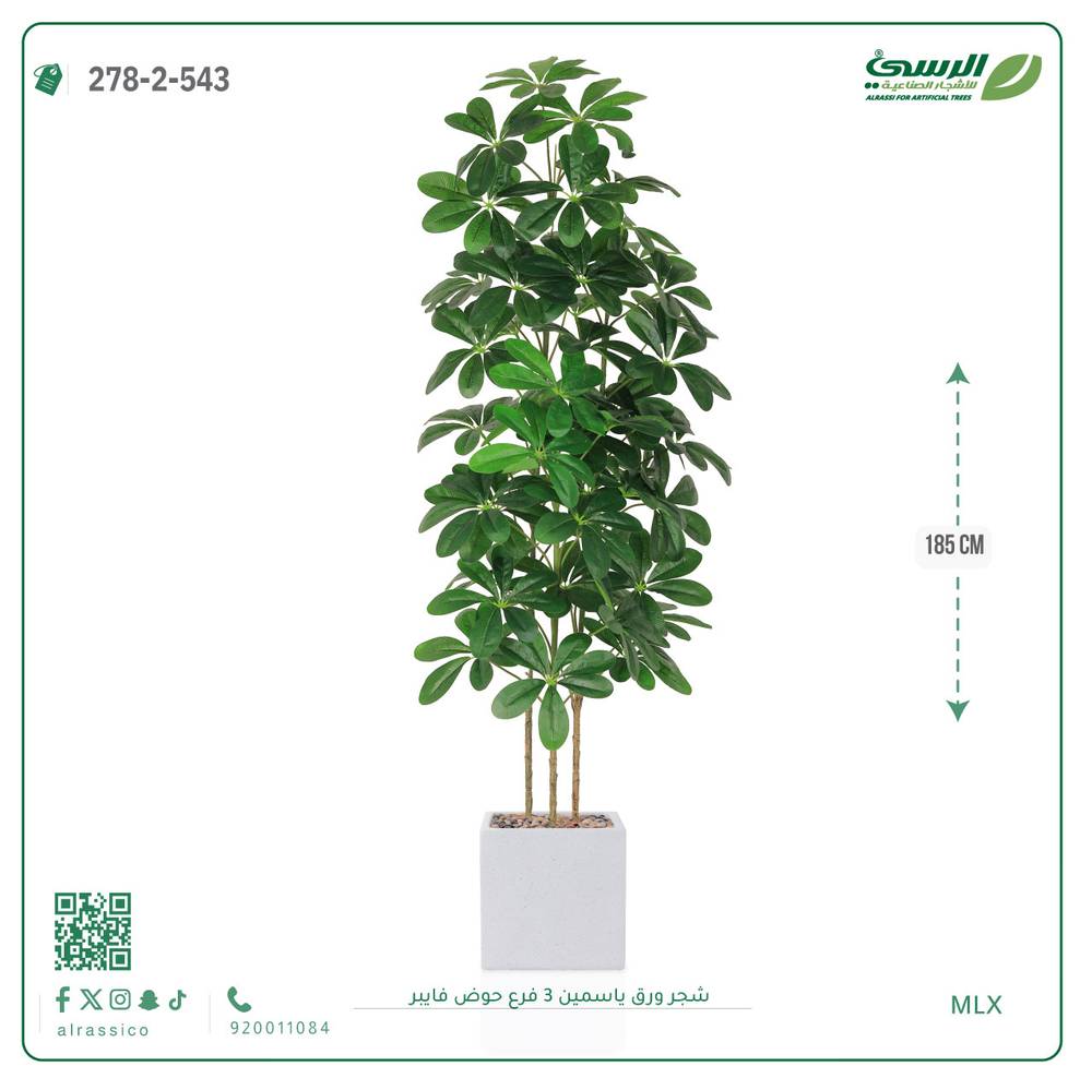  شجرة ورق ياسمين صناعية 3 فروع (ارتفاع 185 سم) حوض فيبر 