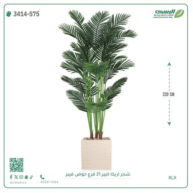  شجرة أريكا صناعية 21 فرع (ارتفاع 220 سم) حوض فيبر 