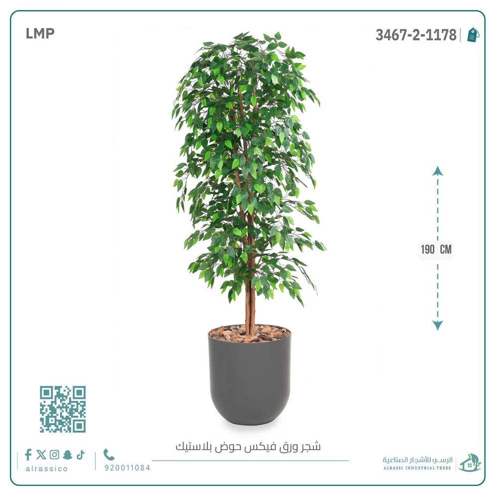  شجرة ورق فيكس اصطناعية بمركن بلاستيك أسطواني 