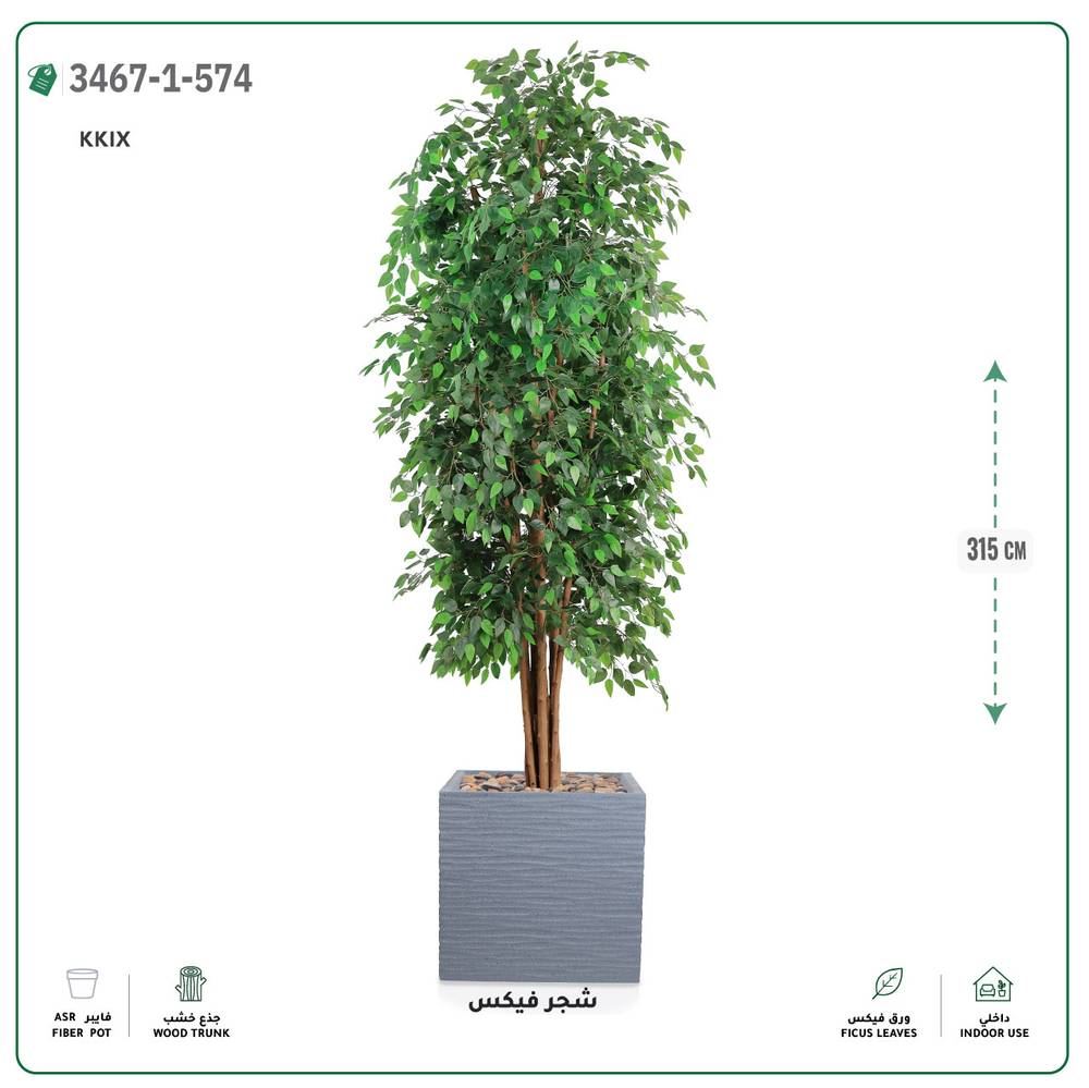  شجر فيكس صناعية (ارتفاع 315 سم) حوض فيبر جلاس مربع 