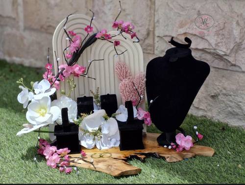 Bridal shabka with artificial flowers and a wooden base
