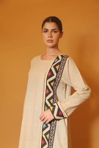 Off-White Linen Jalabiya with Colorful Trim