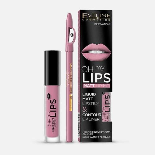 إيفلين (Eveline) طقم أحمر شفاه سائل مات + قلم تحديد شفاه (Oh! My Lips) روز نود 03