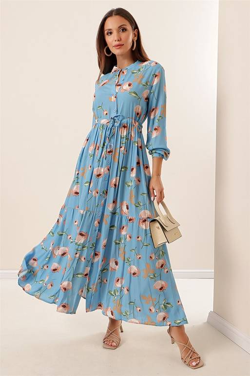 Women's Rose Pattern Blue Viscose Long Dress