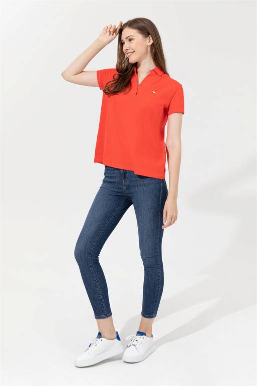 Kadın Kırmızı Kaçık Yaka T-Shirt Basic