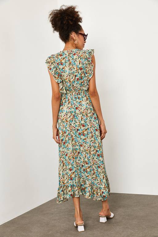Women's Floral Pattern Frill Beige Dress