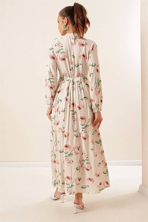 Women's Rose Pattern Ecru Viscose Long Dress
