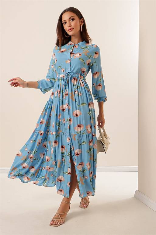 Women's Rose Pattern Blue Viscose Long Dress