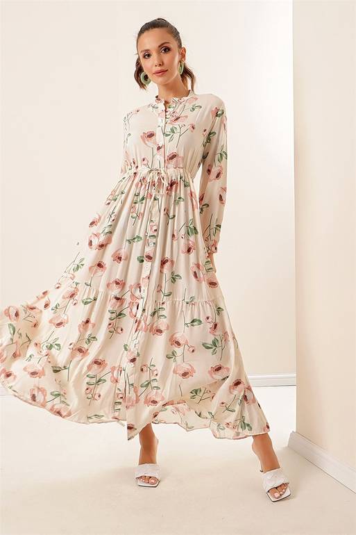 Women's Rose Pattern Ecru Viscose Long Dress