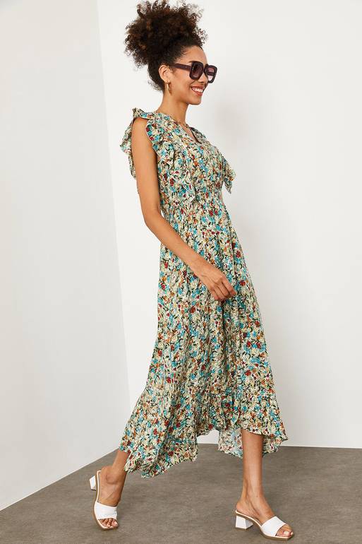 Women's Floral Pattern Frill Beige Dress